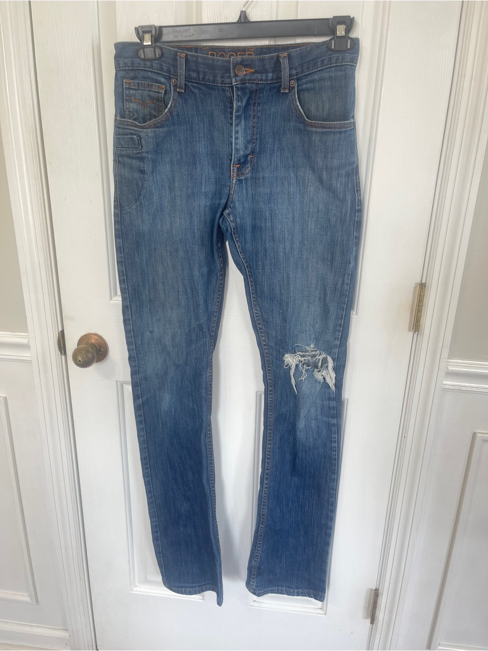 Kimes Ranch Men's 31X34  Roger Bootcut Jeans Blue Dark Wash Denim Logo Flaw